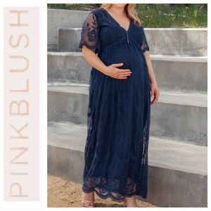 Pinkblush Navy Blue Plus Size Lace Overlay Maxi Maternity Dress